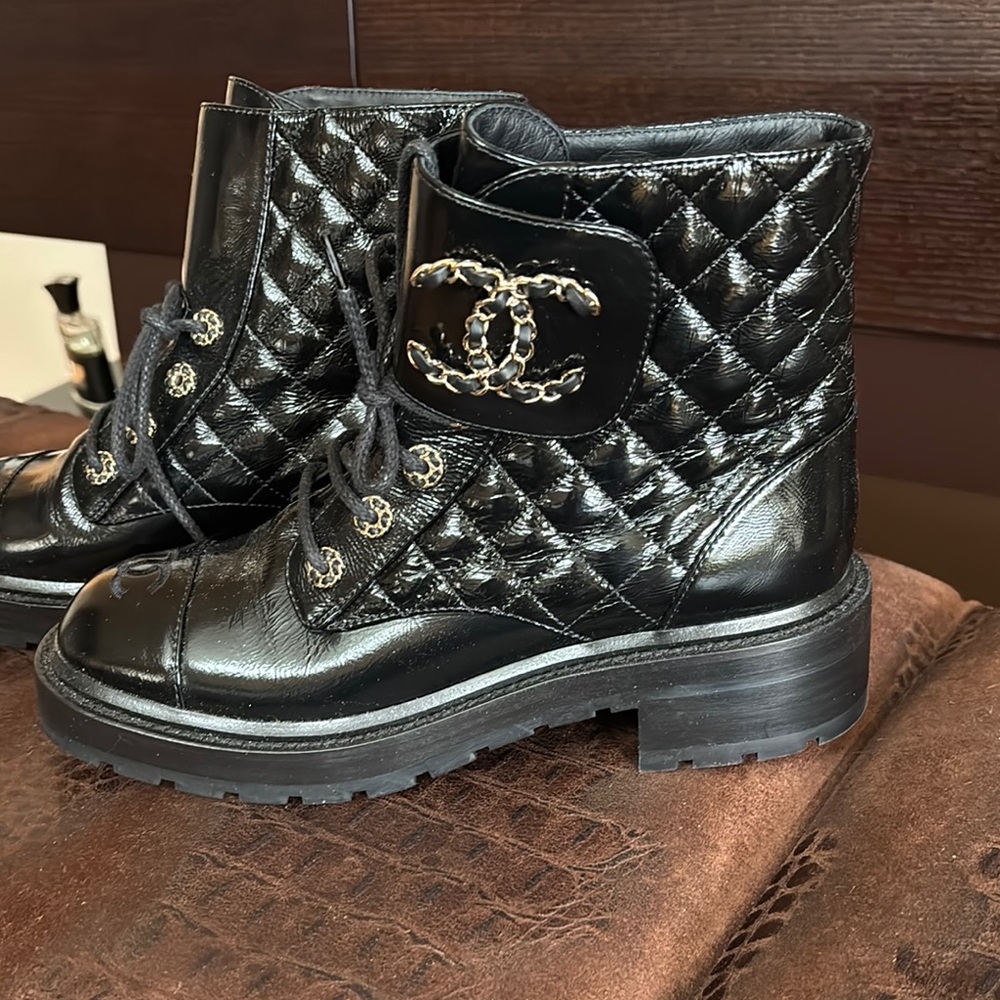 CHANEL Black Quilted Combat Boots with Glossy Finish